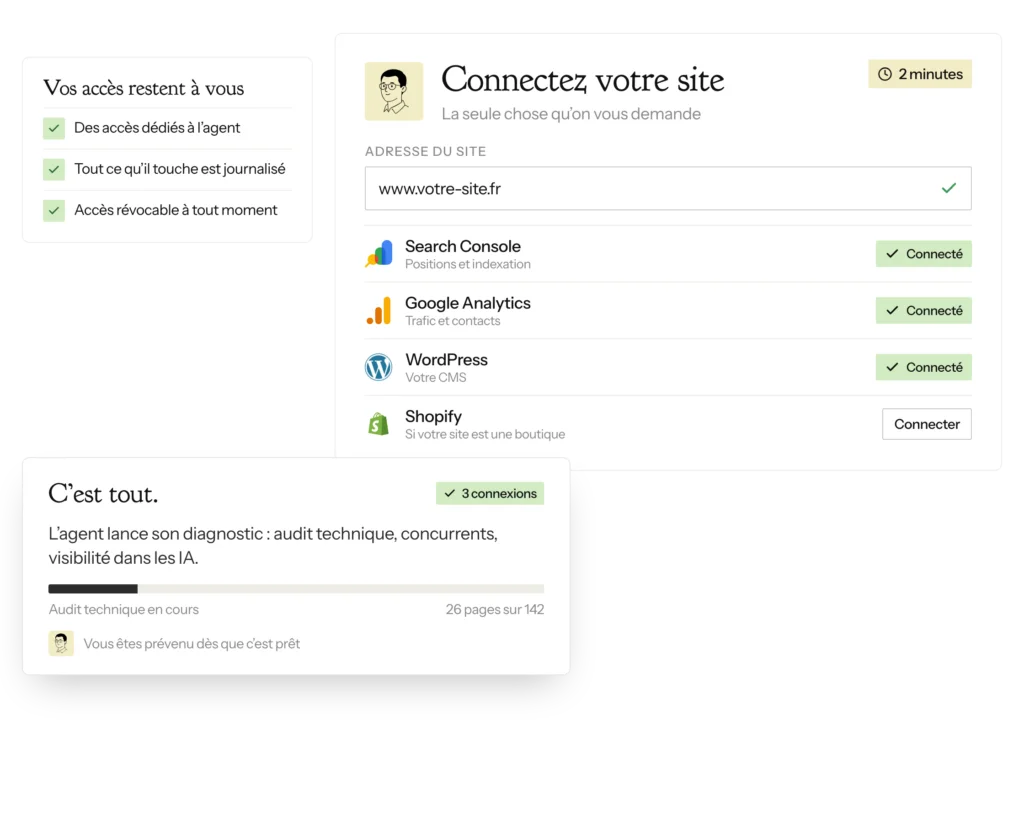 Connexion de l’agent à Search Console, Google Analytics et WordPress, puis lancement du diagnostic