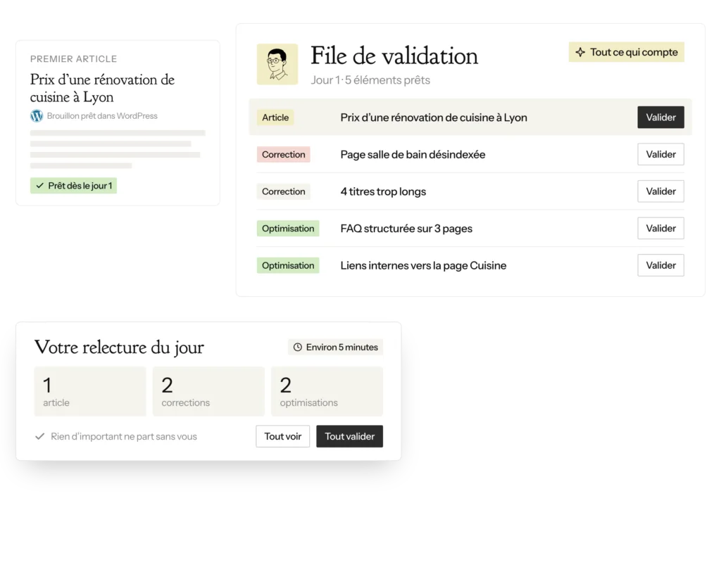 File de validation dès le premier jour : premier article, corrections techniques et optimisations