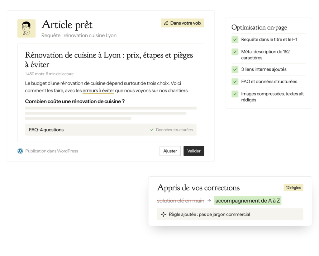 Article SEO rédigé et optimisé par l'agent SEO IA : optimisation on-page, FAQ structurée et règles apprises de vos corrections