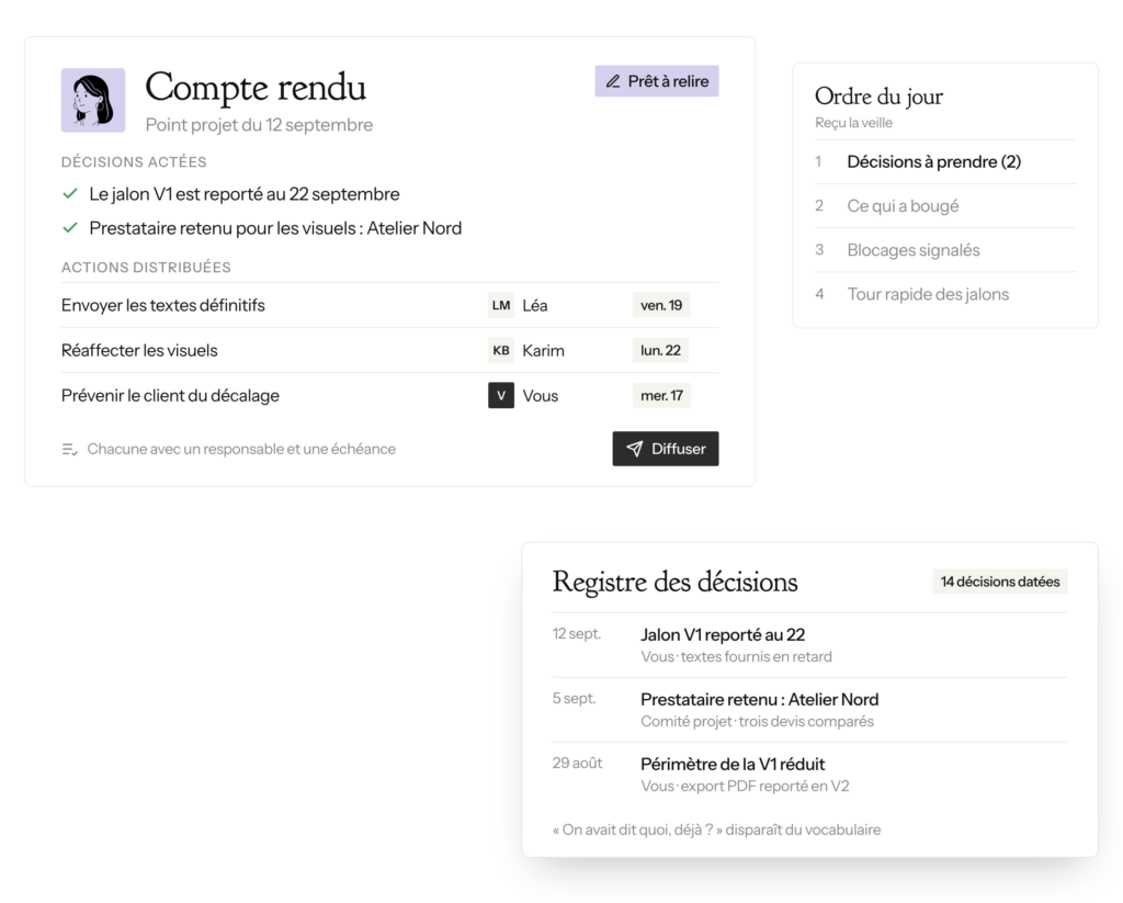 Compte rendu de réunion produit par l'agent chef de projet IA, avec décisions actées, actions attribuées et registre daté