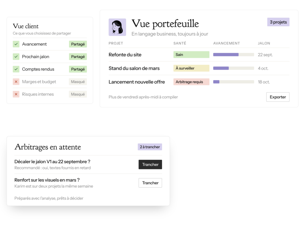 Vue portefeuille de l'agent chef de projet IA : santé des projets, avancement, prochains jalons, vue client filtrée et arbitrages en attente