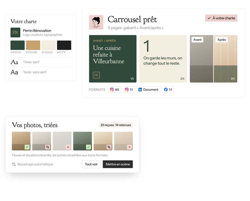 Carrousel et visuels générés par l'agent réseaux sociaux IA à partir de votre charte graphique et de vos photos