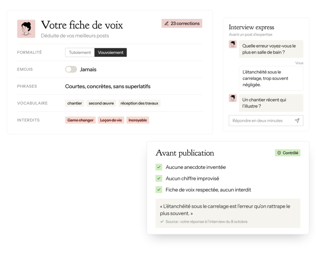 Fiche de voix de marque et contrôle d'authenticité de l'agent réseaux sociaux IA avant publication